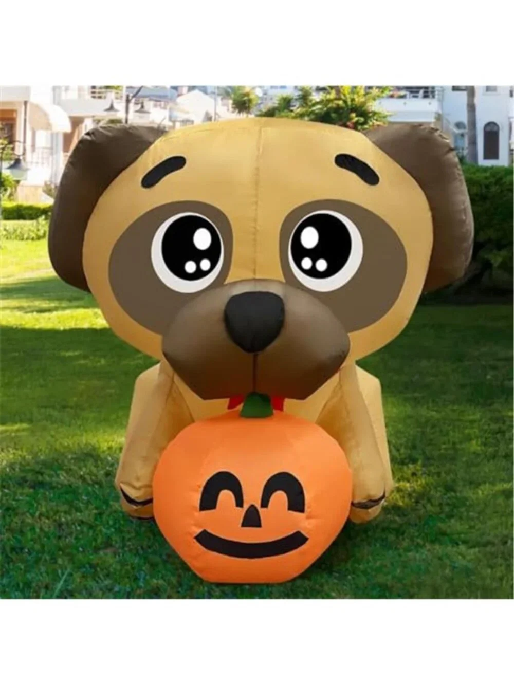 5 FT Long Halloween Inflatable Dog Blow Up Pug Holding Pumpkin with Built-in LED
